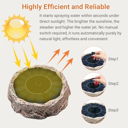 Upgrade Solar Fountain for Bird Bath Granite Rock Solar Water Fountain Pump with 6 Nozzles for Hummingbird Birdbath Lawn Fish Tank and Aquariums, High Efficiency & Anti-Clogging