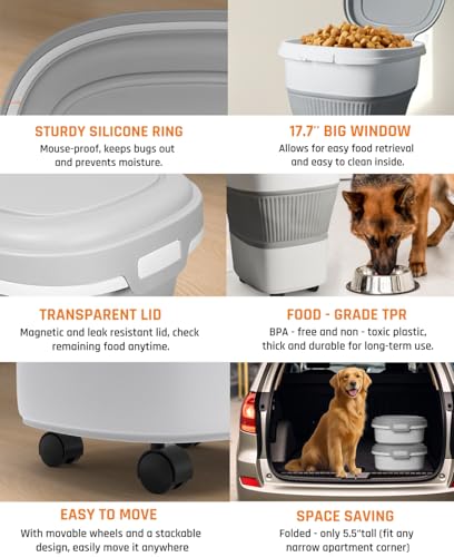 28-30lbs Collapsible Dog Food Storage Container,Airtight Dog Food Container | Pet Food Storage Container with Double Seal Lid,Wheels,Multifunctional for Dog,Cat,Rice,Flour,Scoop &Small Container - color: Grey-30lbs