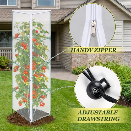 3PCS Garden Bird Netting for Triangle Tomato Cage with Zipper & Drawstring | 55" x 17.7" Inch Reusable Fine Mesh Plant Covers for Tomatoes, Fruits and Climbing Vines - size: 17.7x17.7x55in