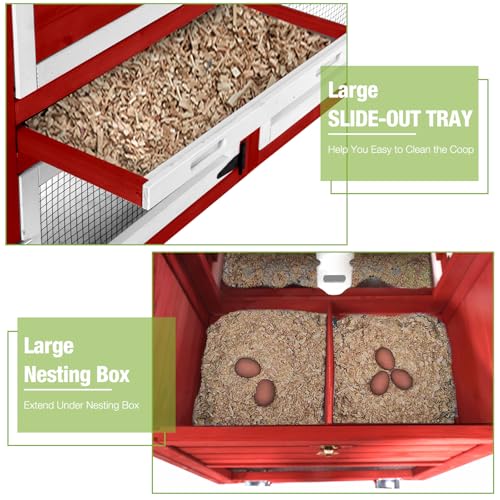 GUTINNEEN Mobile Chicken Coop with Wheels for 2-4 Chickens, Expandable Wooden Hen House with Divided Nesting Box, Reinforced Coop Balcony, Roosting Perch, Metal Pull-Out Tray, 82.4" L (Red) - color: Red, size: 80.7"L x 22.0"W x 44.1"H