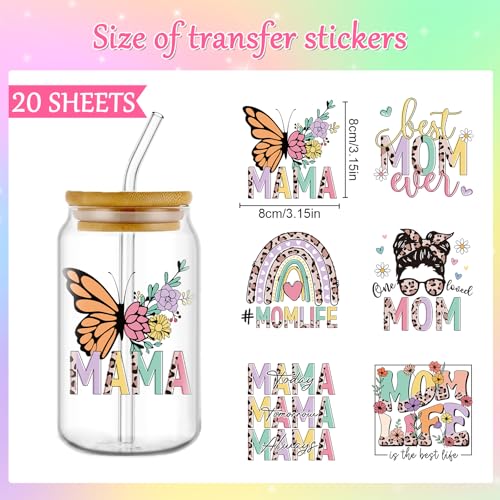 Rngmsi Mom UVDTF Cup Wrap - 20 Sheets Mama UV DTF Cup Wraps for 16 oz Glass, Leopard Print Cat Dog Bear Flower Stickers for Water Botters, Waterproof Rub on Transfer Decals, Mother's Day Gift - style: Mama