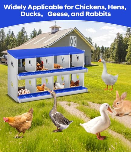 8 Compartment Chicken Nesting Box, Heavy Duty Metal Laying Box with Perch, Easy Assembly & Easy Clean for Outdoor Chicken Coop, Blue - color: Blue, size: 8 Compartment