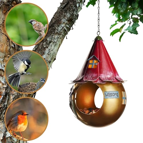 Solar Bird Feeder - Light Up Hanging Bird Feeders - Cute Fairy Design Rustproof Metal - Outside Unusual Metal Art with LED Light - Gift Boxed