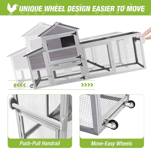 GUTINNEEN Chicken Coop Mobile Hen House On Wheels Easy to Move Wooden Poultry Cage with Nesting Box,Opening Wire Netting Roof - color: Grey