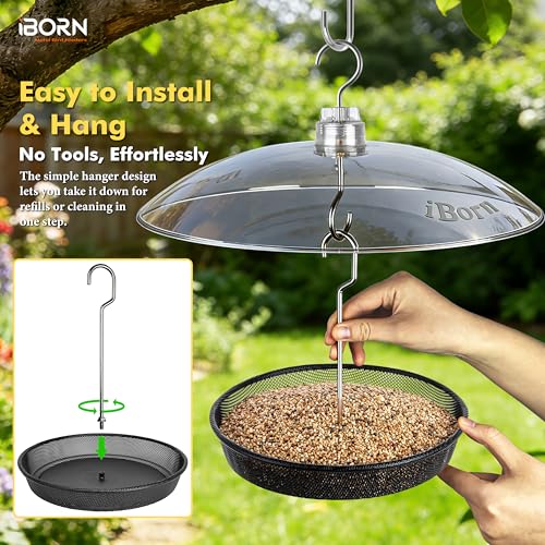 iBorn Hanging Bird Feeder Tray & Rainroof Cover, Bird Feeder Bowl with 13”Bird Feeder Cover for Rain Guard, Chew-Proof Polycarbonate & Thick Metal Hanger, Easy to Refill & Clean, Transparent & Black - size: Bird Feeder Tray+Rainroof Cover