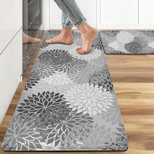 Boho Floral Anti Fatigue Kitchen Mats, 17.3"x47"+17.3"x29", Grey | Cushioned Non Slip Memory Foam Waterproof, Bohemia Kitchen Decor Rugs for Floor, Set of 2 for Sink Laundry Office - color: Grey Floral