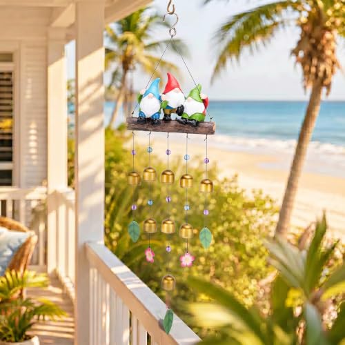 Gnome Wind Chime for Outside, Resin Wind Bells for Garden Decor | 29" Wind Chimes Outdoor with 3 Resin Gnome Statues and 8 Metal Bells, Soothing Tone Wind Bell Chimes, Housewarming Gifts - size: Gnomes