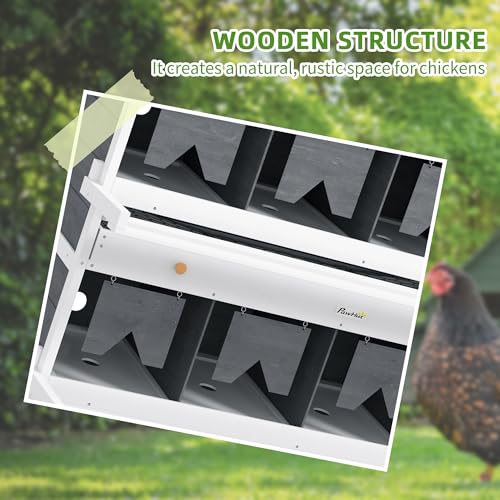 PawHut Chicken Nesting Box Wooden for 16-32 Chickens, 8 Compartments, Gray | Roll Out Lay Nesting Boxes, 2 Egg Collection Trays, 4 Perches, for Chicken Coop, Chicken Run
