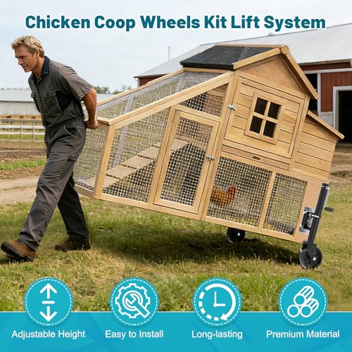 Chicken Coop Wheels Kit, 2 Pack Caster Wheels with Lift System & Pull Handles, Easy Move Your Chicken Cage, Chicken Tractor & Poultry House, Portable Chicken Coop Accessories