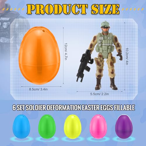 Capoda 4.7" Jumbo Easter Eggs with Soldier Deformation 6 Set Easter Basket Stuffers Egg with Toy Army Men Action Figures with Weapons Basket Stuffer Egg Hunt Fillers Classroom Prize Gift Goodie Favor