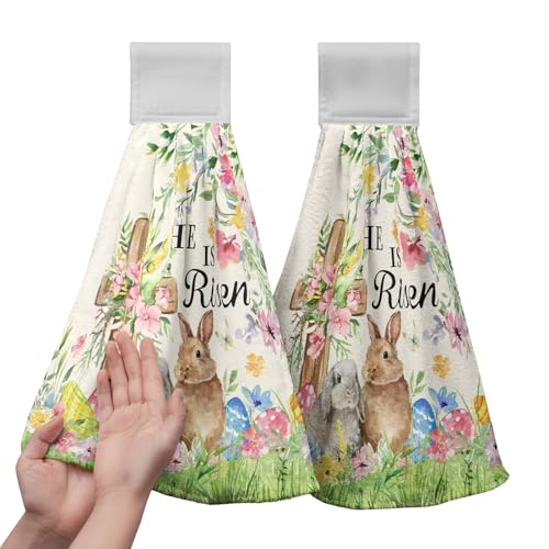2 Pcs Easter Bunny Hanging Hand Towels He is Risen Rabbits Floral Cross Easter Eggs Kitchen Towels with Hanging Loops Spring Holiday Decorative Dish Cloth Kitchen Tie Towels - color: Easter He is Risen Rabbits