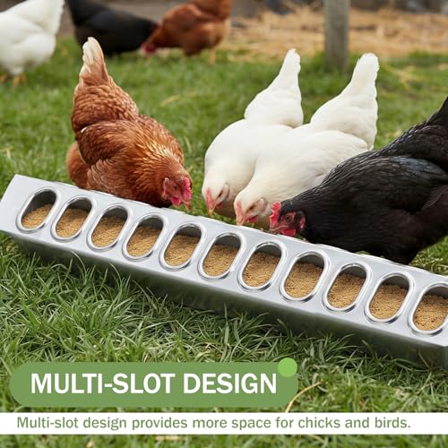 Potchen 2 Pcs Slide-top Poultry Feeder Durable Galvanized Metal Chicken Feeder Trough with Removable Top Trough Multi-Hole Tray for Pigeon Quails Duckling Birds Duck Chicken(20 Inch) - size: 20 Inch