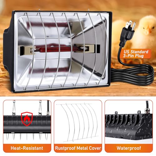 250W Chicken Brooder Heater for Chicks Ducks, Brooder Heater with 2PCS Heat Lamp, 6ft Cord Chicken Brooder Lamp with Adjustable Temp & Height, Chicken Coop Heater for Livestock Indoor Warmer