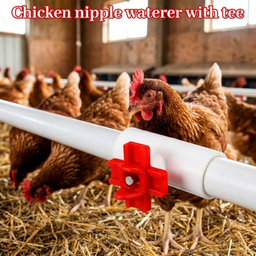 24 Pack Horizontal Chicken Water Nipples with 1/2" PVC Tee Fittings, Automatic Leak-Proof Poultry Waterer, Easy Install Gravity-Fed Side Mount Chicken Water Feeder for Coop