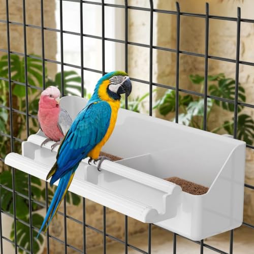 2 Pack Bird Feeder for Cage Plastic Hanging Feeder Cup with Perches | Food and Water Dispenser Bowl with Hooks for Small Birds Parakeet Cockatiel Canary Parrot
