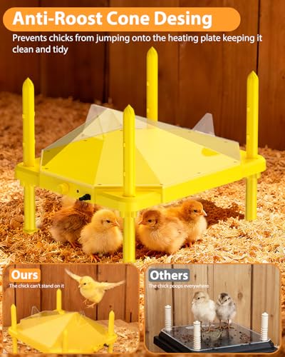 Chick Brooder Heating Plate, 14"x11"Adjustable Temperature & Height Heating Plate for Chicken with Anti-Roost Cone, Easy-Clean Poultry Coop Heater for Up to 18-22 Chicks (Yellow)