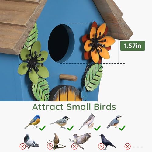 Wooden Bird Houses for Outside,Farmhouse Hanging Blue Birdhouse | Decorative Birdhouses for Outdoors,Bird Box Nest,Humming Bird House for Garden Patio Decor