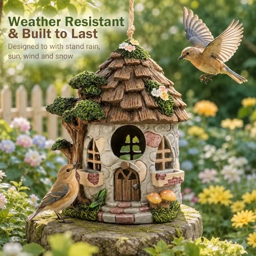 Yinns Resin Bird House for Outside, Decorative Wild Bird Houses for Garden | Birdhouses for outdoors wild bird nesting, decorative stone waterproof bird houses for backyard garden decor - color: A-Stone House