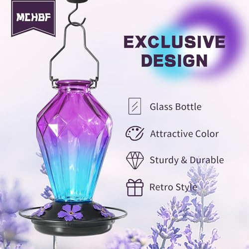 2 Pack Glass Hummingbird Feeder for Outdoors Hanging, 25Oz Humming Bird Nectar Feeder, Perch, 5 Flower Feeding Ports, Leak Proof Base, Hook for Outside Garden Backyard, Diamond Purple - color: Diamond Purple-2