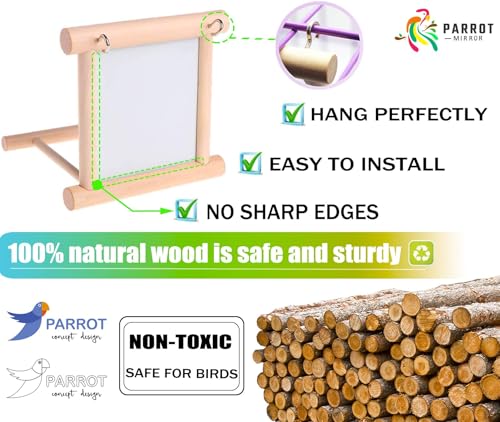 Blessed Family 2 Piece Bird Parakeet Mirror for Cage,Parrot Perch Stand,Wooden Hummingbird Swing Toy,Parakeet Accessories for Cockatiels Conure Finch Lovebird Canary African Grey Macaw