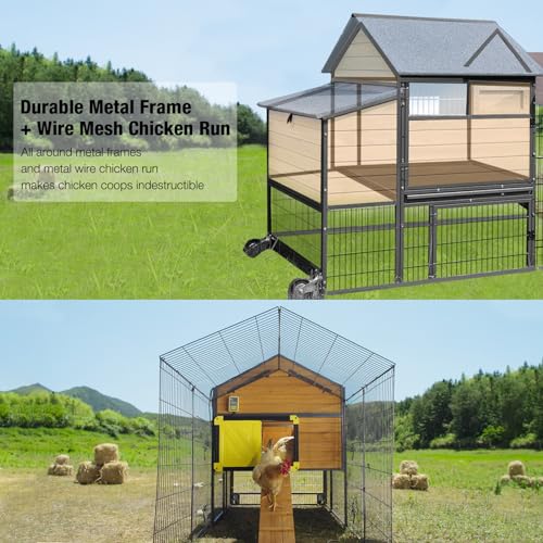 GUTINNEEN Large Chicken Coop with All Around Metal Frame Mobile Hen House with Wheels Weatherproof Duck House with Nesting Box, Outdoor Run, Perch, Leakproof Tray for 6-8 Chickens 85" L - size: 85.6"L x 48.2"W x 48.2"H