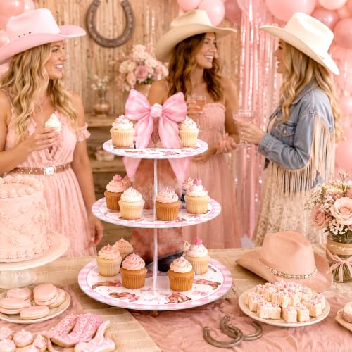 3 Tier Western Cowgirl Cupcake Stand Decoration Pink Bow Cupcake Tower Cowgirl Boots Hat Table Decoration Dessert Holder Table Display for Western Birthday Bachelorette Baby Shower Supplies - style: Cowgirl