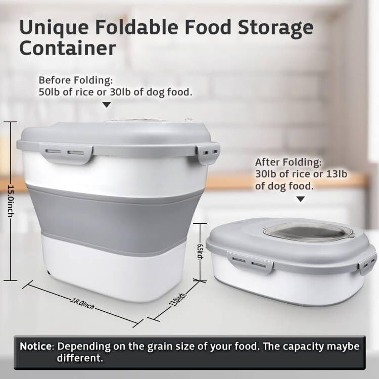 Rice Storage Bin Cereal Containers, 13-50lb Collapsible Rice Container Dispenser with Transparent Lid, Rolling Wheels, Measuring Cup and Scoop, Airtight Dog Cat Pet Food Storage Container White - color: White