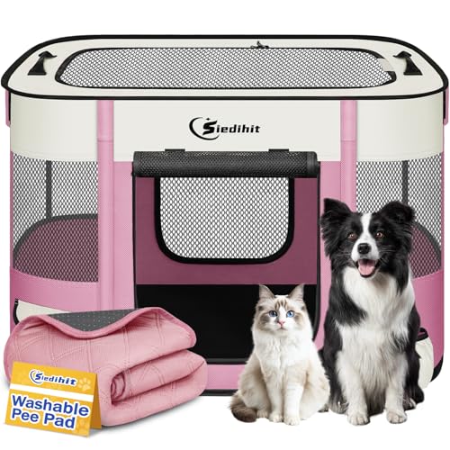 Siedihit 31" Dog Playpen,Cat Puppy Pen, Pet Portable Crate Indoor Outdoor | Durable Travel Camping Use,Foldable Dog Kennel Tent Cage for Rabbit Small Animals with Carrying Case (Pink with Pad, Medium) - color: Pink with Pad, size: Medium