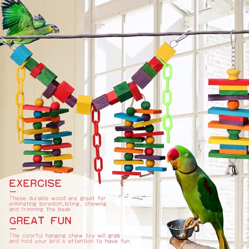 Set of 3 Natural Wood Parrot Toys - Ideal for Small & Medium Parrots. Safe & Durable Chew Toys Promote Mental Stimulation & Beak Health. Handcrafted Bird Toys for Enriching Playtime