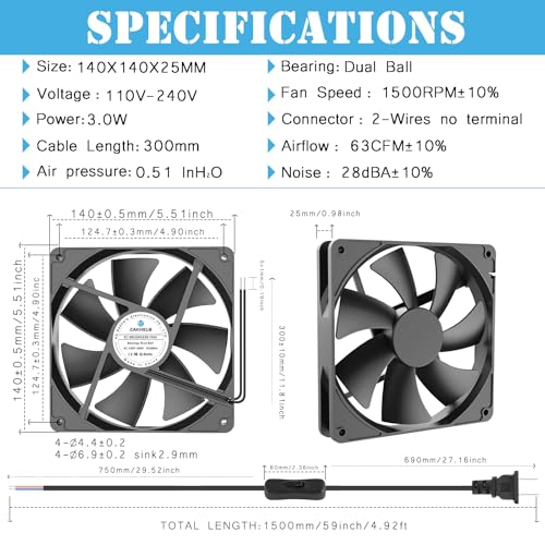 140mm EC Fan, 140x140x25mm EC Axial Fan, Dual Ball Bearing,AC 110V 120V 220V 240V Cooling Fan,with AC ON/Off Switch Cable,for DIY Cooling,Case, Cabinet,Exhaust Projects - size: 140mmx25mm Axial
