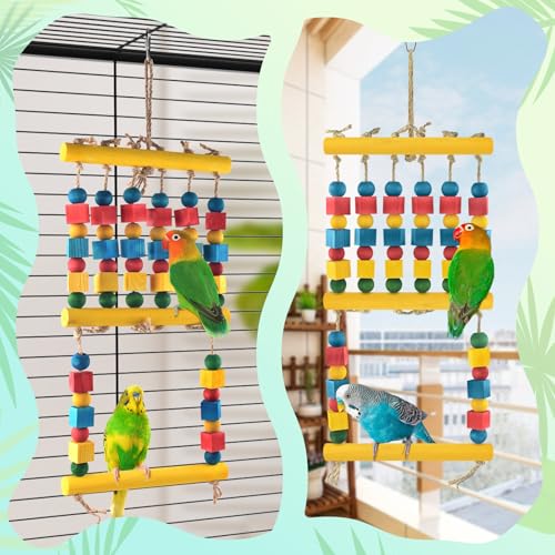 DBNESS Bird Toys, Parrot Chew Swing Toy with Perches Stand, Hanging Colorful Wood Block Bird Cage Accessories for Small to Medium Quaker African Grey Budgie Cockatiels Amazon Parrots