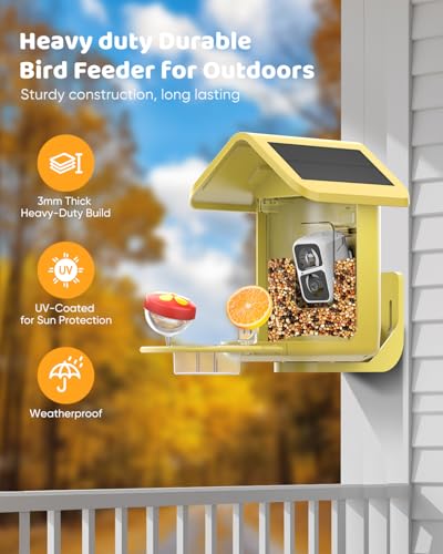 Bird Feeder with Camera Solar Powered : Smart Camera Bird Feeder 2K Live Steam for Outdoor, 5MP Photos, AI Identification, 1.8L Large Capacity, Gifts for Mom Dad, Built in Dual Solar Panel - color: Yellow