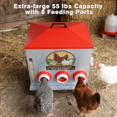 55LB Large Automatic Chicken Feeder with View Window & No-Waste Food Tray | 8 Feeding Ports Galvanized Steel Raised Chicken Feeder with Waterproof Locking Lid & Height Adjustable Stand for Ducks, Geese