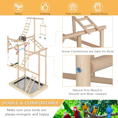 4 Layers Wood Pet Parrot Playstand | Bird Playground, Perch Gym Playpen, Ladder with Feeder Cups Bells, For Cockatiel Parakeet