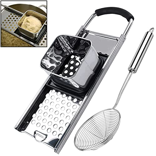 Premium Grade Stainless Steel Spaetzle Maker with Comfort Grip Handle, Stainless Steel Spider Strainer Skimmer Spoon Pasta Strainer, Homemade German Egg Noodle Dumpling Making Tool Set - color: Spaetzle Maker & Silver Strainer