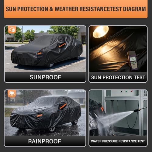 Kayme Sedan Car Cover Waterproof All Weather - See Size Chart - Size A4 | Accurate Fit, Heavy Duty for Automobiles, Outdoor Sun Rain Snow UV Protection. Soft Cotton, Driver Door Zipper, Storage Bag - color: PE-Black, size: 2 A4 Fit Sedan-Length (186" To 1