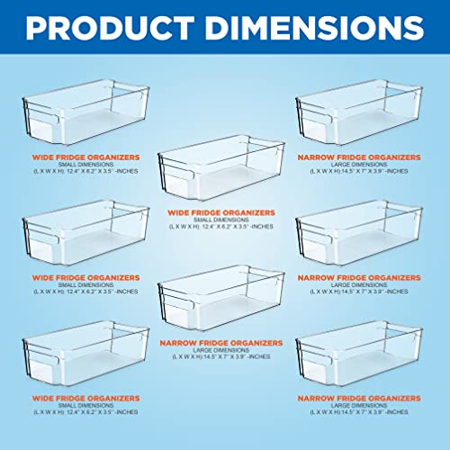 NutriChef Set of 8 Refrigerator Bins-4 Wide and 4 Narrow Stackable Fridge Organizers for Freezer, Kitchen, Countertops, Cabinets-Designed with Practical Carry Handles and Interior, 8 containers, Clear - style: 8-Piece