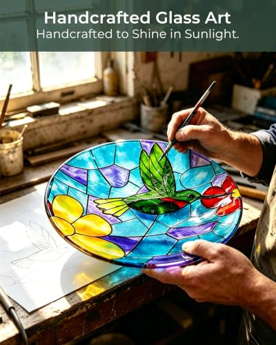 Glass Bird Bath Small Birdbath for Garden Decor, Blue | 10.6" Bowl, 26" Height 4-Prong Stable Stake Easy to Clean Outdoor Bath or Feeder for Hummingbirds & Small Birds, Handcrafted