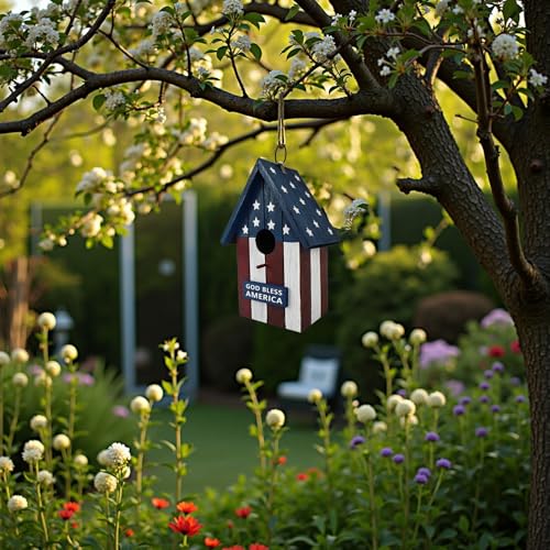 Patriotic Wood Bird House for Outside, US Flag Garden Decorative Wooden Bird House Hanging Birdhouse Home for Wrens and Small Birds