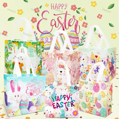 PARSUP 12PCS Happy Easter Egg Hunt Bags, Assorted Sizes, Easter Bunny Carrot Chick Egg Treat Bag with Handles, Non-Woven Gifts Wrapping, Egg Hunt, Spring Party Supplies - color: Pink Blue Yellow Green