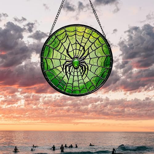 Stained Glass Window Hanging - Black Green Horror Spider Web Suncatcher for Doors Garden Patio Sun Catchers Decor Christmas Halloween Birthday Gifts for Women Men Mom Nana Friend 6.3 in - color: Green, size: 6.3x6.3 IN