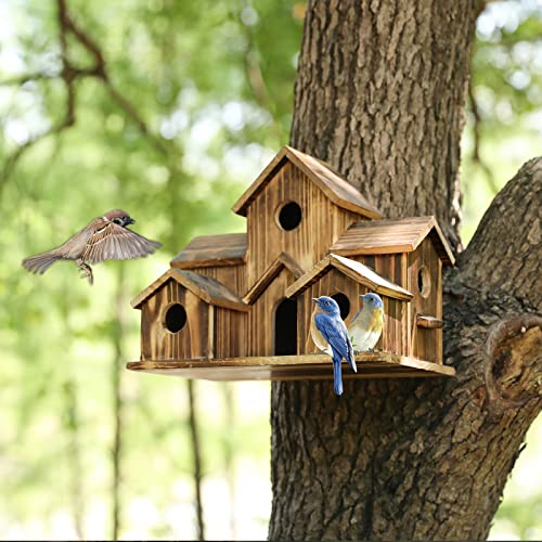 Bird Houses for Outside Hanging,6 Hole Wooden Bird Houses Largel Bird House for Backyard/Courtyard/Patio Decor Hummingbird House
