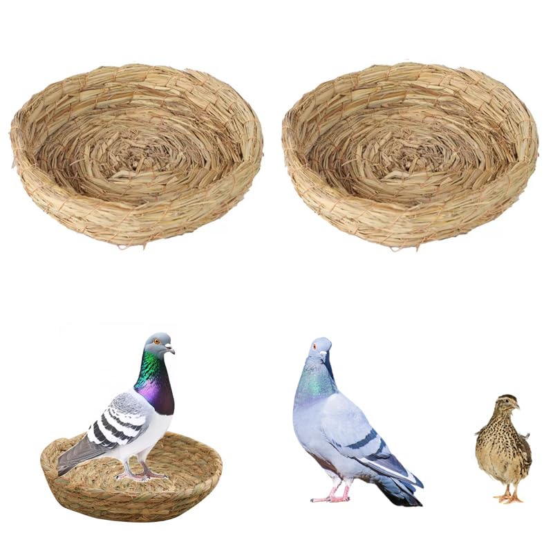 2Pcs Handmade Woven Flat Base Straw Bird Nest Breeding Nest Hatch House Cage for Pigeons, Russet Chickens, Chicks, Doves and Other Medium-Sized Birds.Made Entirely from Natural Straw.