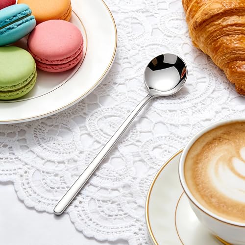 Long-handled Mirror-Finish Small Round Stainless Steel Spoon, Suitable for Scooping Bird's Nest, Honey, Coffee, Milk Powder, Sugar, Cocoa Powder and Other Foods & Desserts (10pcs 6.7", Silver) - size: 6.7in, style: 10Pcs Silver