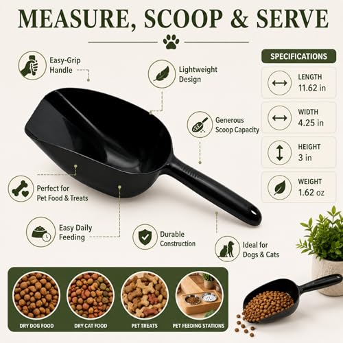 Pet Food Black Scoop, 11.62in Large Plastic Feed Scooper with Ergonomic Handle, Lightweight Food Storage Scoop for Dry Dog Food Cat Food Bird Seed Grain Treats and Bulk Pantry Ingredients