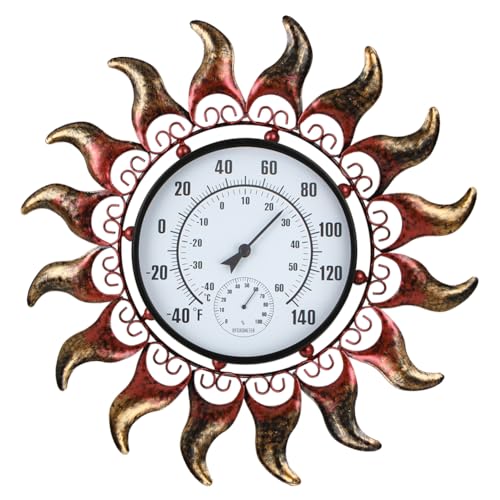 VEWOGARDEN 13 Inch Sun Outdoor Thermometer Waterproof Metal Decorative Wall Indoor Outdoor Thermometer for Patio, Home & Garden - style: Sun(verdigris)