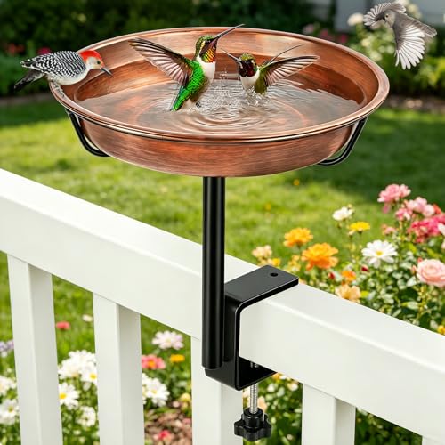 Gtongoko Deck Mounted Metal Bird Bath for Outside, 12 Inch Dia Weather-Resistant Birdbath Bowl for Balcony Fence Railing with Adjustable Clamp Outdoors - size: 12″ dia, 2″ depth bowl, deck