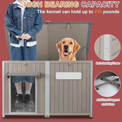 Outdoor Dog House Weatherproof, Wooden Puppy Shelter with Anti-Chewing Iron Frame and Elevated Floor, Sturdy Dog Kennel for Small, Medium & Large Dogs (Gray, 51" L x 29" W x 32" H) - size: 51" L x 29" W x 32" H