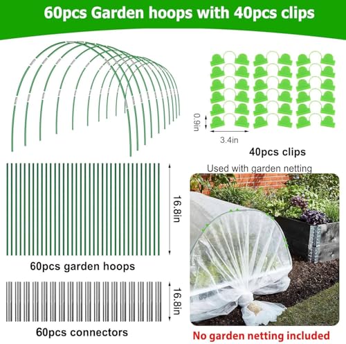 60pcs Garden Hoops for Raised Beds Wide, 8ft Greenhouse Hoops Grow Tunnel for Row Cover Netting, Adjustable Fiberglass Rust-Free Garden Bed Plant Hoops Support DIY Frame Stake for Outdoor, 40pcs Clips - size: 60PCS