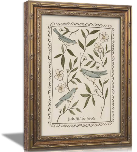 Vintage Gold Framed Christian Bird Wall Art, Look at the Birds Folk Art Canvas Print, Bible Verse Floral Wall Decor, Antique Neutral Cottagecore Scripture Faith Poster Artwork for Bedroom Living Room - color: Bird-3, size: 11"L x 9"W